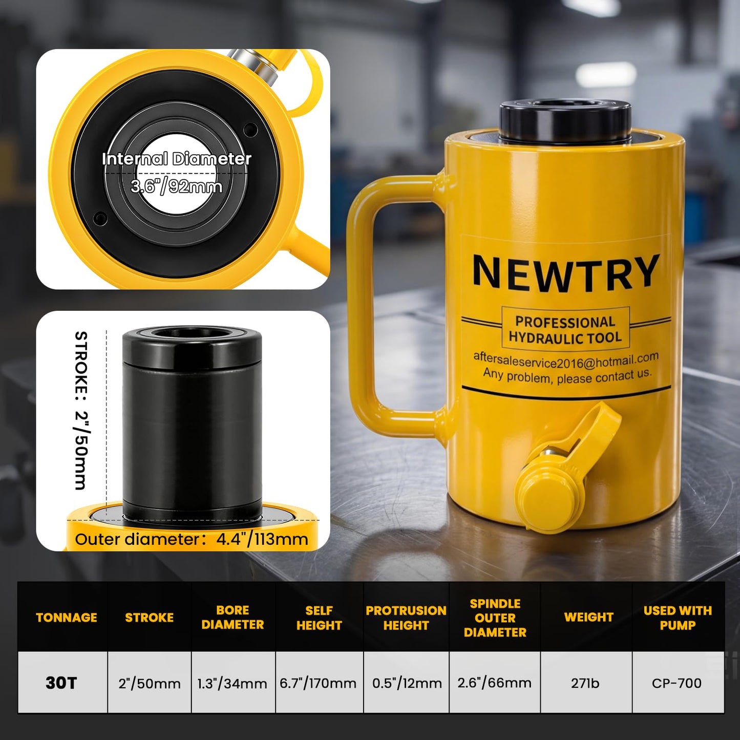 NEWTRY 30 ton Hydraulic Hollow Jack Cylinder 2’’ Stroke Porta Power Ram Industrial Lifting Jack Retract Automatically