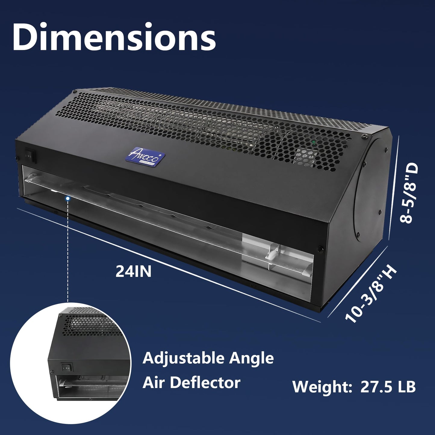 Awoco 24" Black Super Power 2 Speeds 800 CFM Commercial Indoor Air Curtain, CE Certified, 120V Unheated with an Easy-Install Magnetic Door Switch