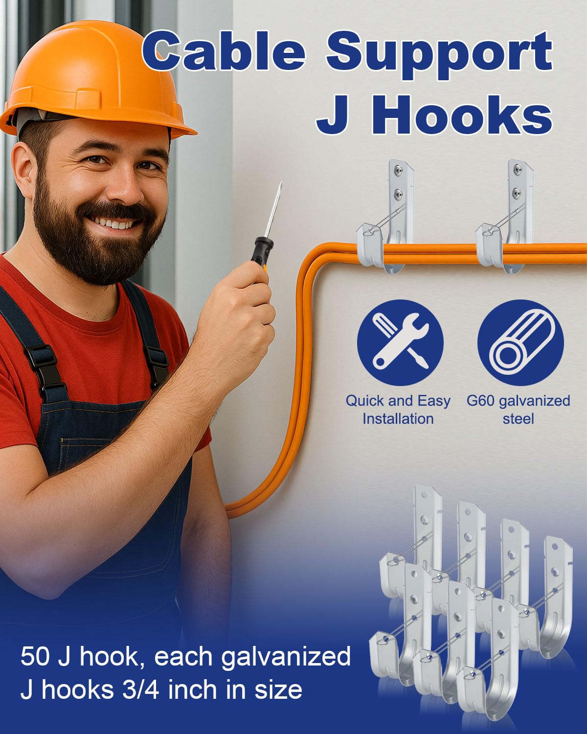 AOKLIT 2" Galvanized Steel J-Hooks, Heavy Duty Wall Mount Cable Support J Hook with Retainer Clip for Cable Management (50 PCS)