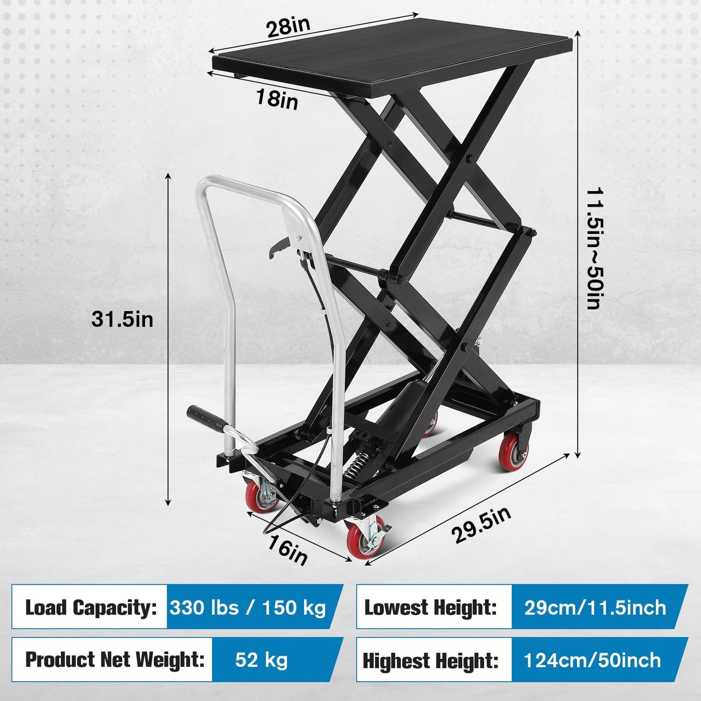 Hydraulic Lift Table Cart, 330lbs Capacity 50" Lifting Height Hydraulic Table Cart, Double Scissor Lift with Non-Slip Pad for Material Handling and Transportation, Black