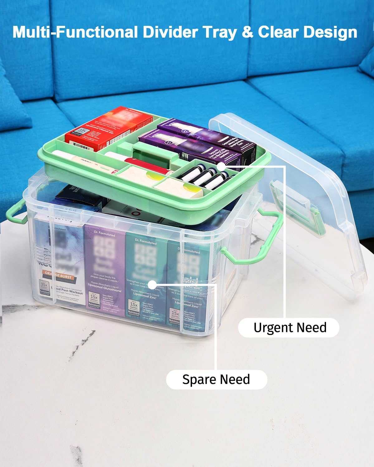 Skiennix Medicine Organizer Storage Box - 2 Pack Clear Portable Pill Splitter & First Aid Kit
