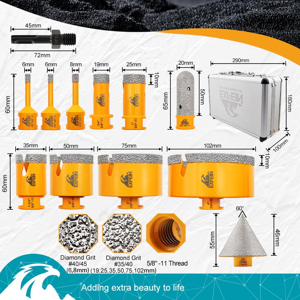 EXFEIN Diamond Tile Hole Saw Kit 12pcs and EXFEIN Diamond Drill Bits - Tile Drill Bits Kit 6mm 5pcs & Carbide Drill Bits 6mm 5pcs for Drilling Ceramic Porcelain Tile Marble Granite Masonry