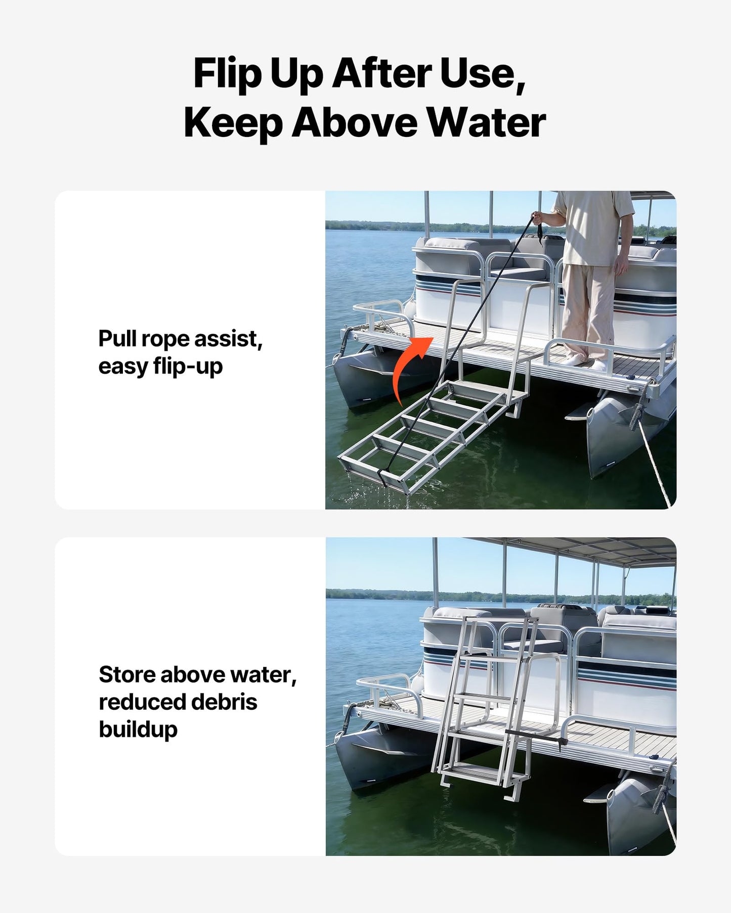 VEVOR Flip-Up Dock Ladder, 5-Step, Heavy-Duty Aluminum Alloy Pontoon Boat Swim Ladder, with Non-Slip Wide Steps, 350 lbs Weight Capacity, Pull Rope Assist, Comfort Use for Lake Pool Marine Boarding
