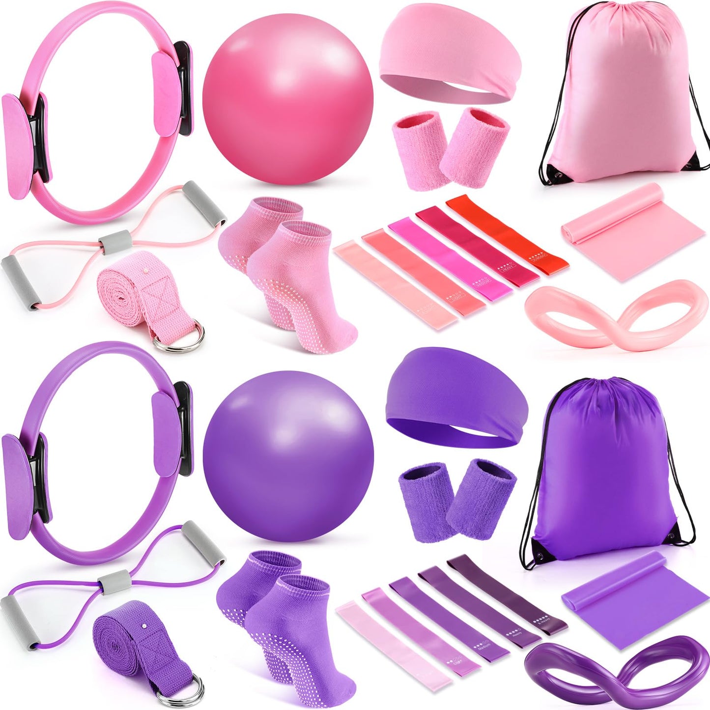 Poen Home Pilates Essentials Kit for Women 30 Pcs Pilates Ring and Ball Equipment Set with Yoga Ball Stretching Strap 8 Shape Resistance Bands Non Slip Sock Wristbands Gym Bags Exercise