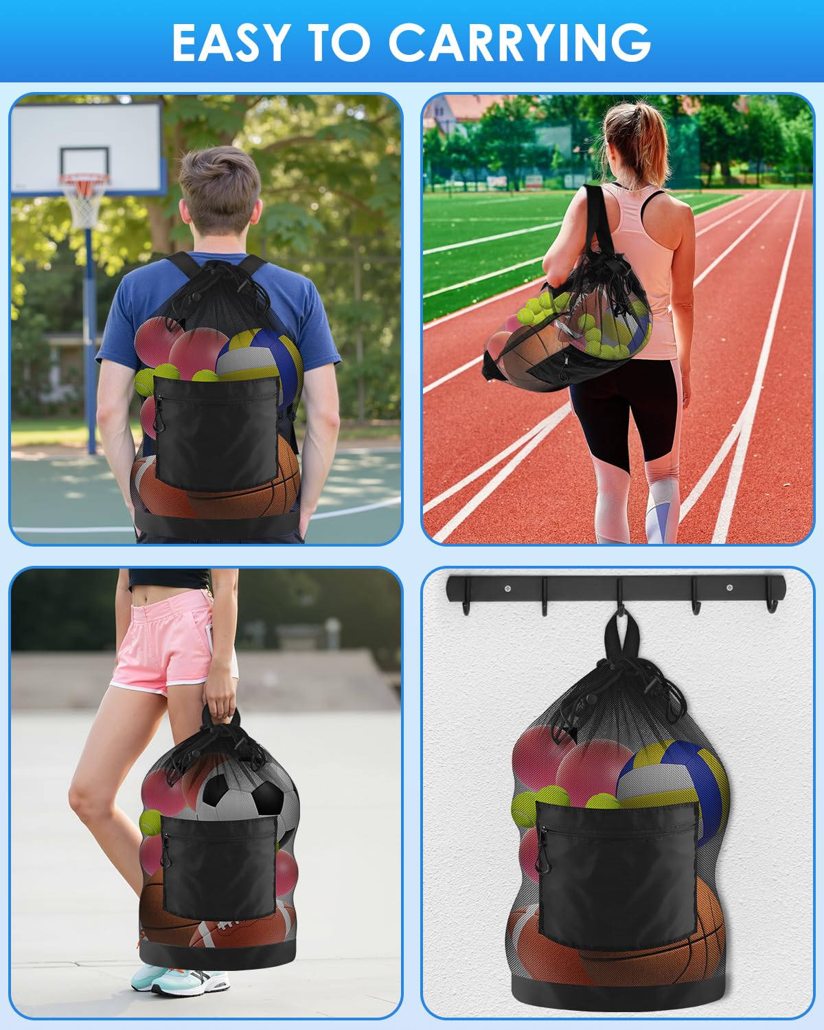 BROTOU Soccer Ball Bag with Double Shoulder Strap Large Mesh Sports Equipment Net Bag with Top Handle Heavy Duty Drawstring Bags Team Work for Basketball, Volleyball, Baseball, Swimming Gear