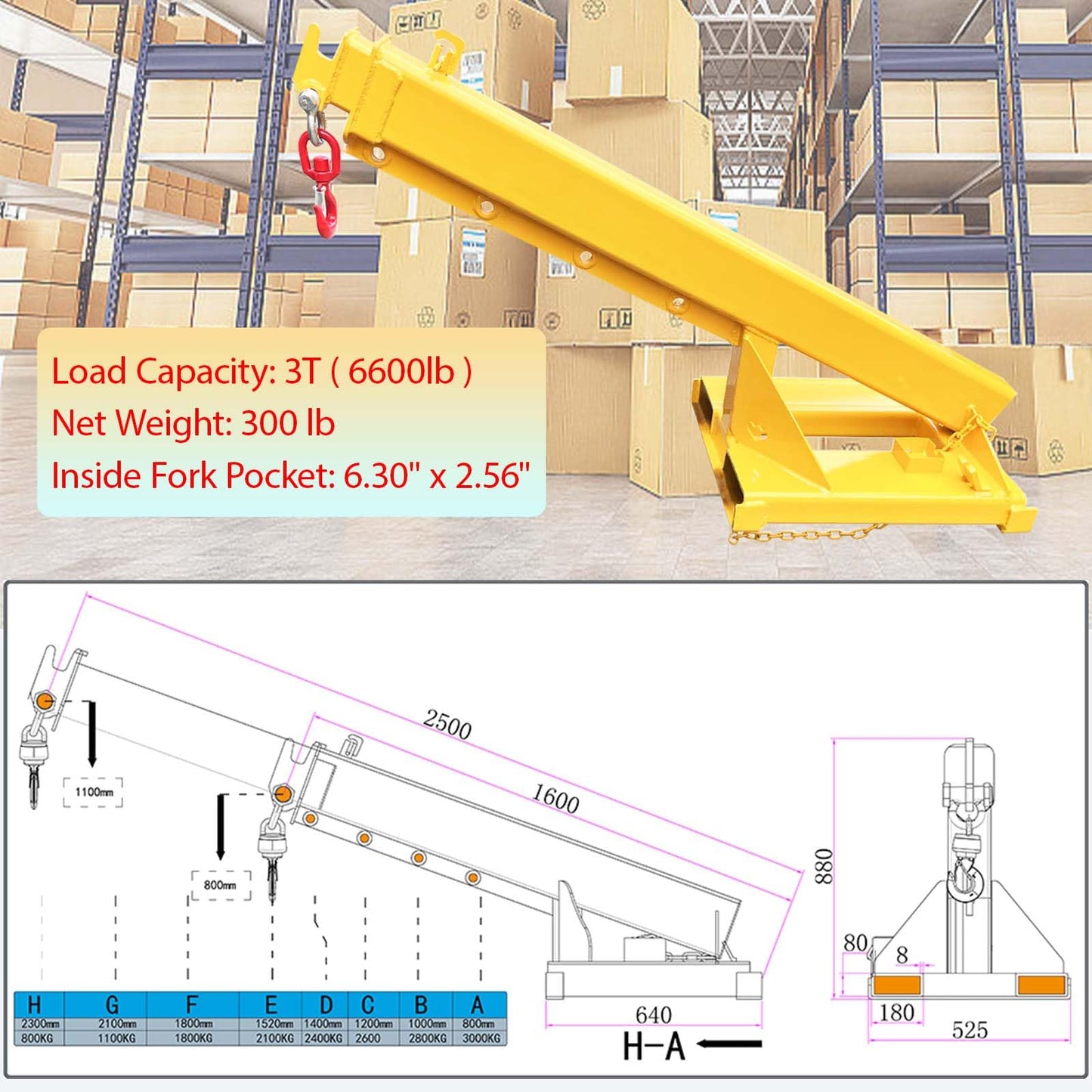 JARYANNIX 6600LB/3T Loading Capacity Adjustable Forklift Jib Boom Crane, Mobile Crane Lifting Hoist, Forklift Extension Attachment, Telescoping Boom Hook with 63"-98" Extension