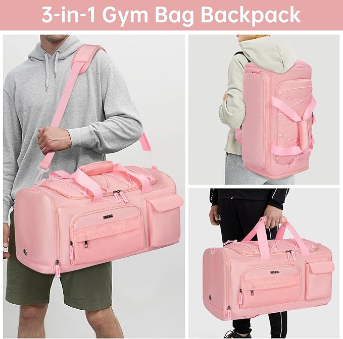 Gym Bag for Women & Men, Sports Travel Duffle Bag with Shoe Compartment, Anti-Theft Carry On Weekender Bag, Water Resistant Overnight Backpack for Airplane, Gym, Travel (Pink)