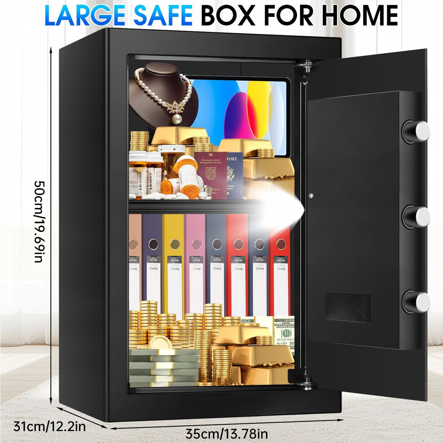 3.3 Cuft Large Fire Proof Safes for Home Use, Personal Fire Safe Box with Electronic Keypad and Spare Key, Removable Shelf, Digital Home Safe Fireproof Waterproof for Cash Documents Valuables
