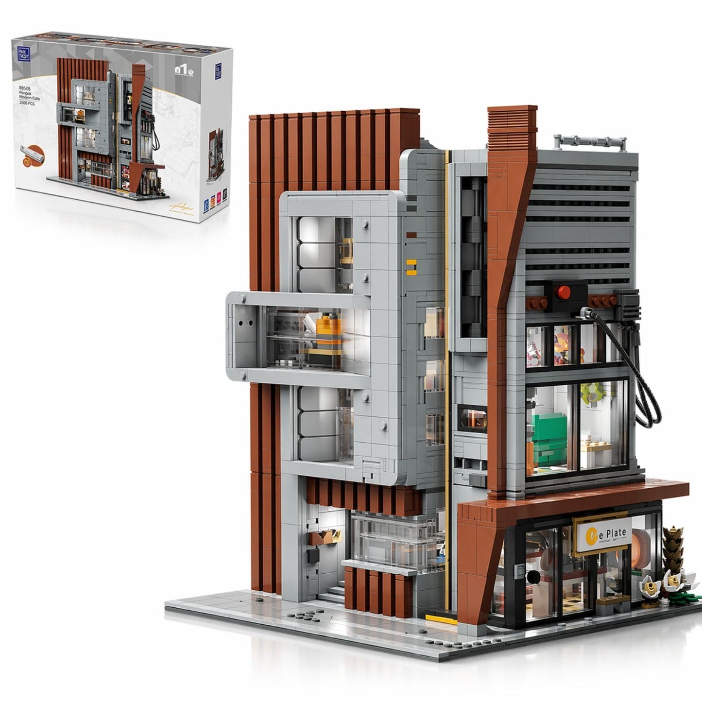 PANTASY Architecture Studio Building Set, Korean MOC Artist Ohsojang Collaboration, Modular 3-Story Modern Office with LED Lighting, Urban Street Scene Brick Model with 5 Minifigures