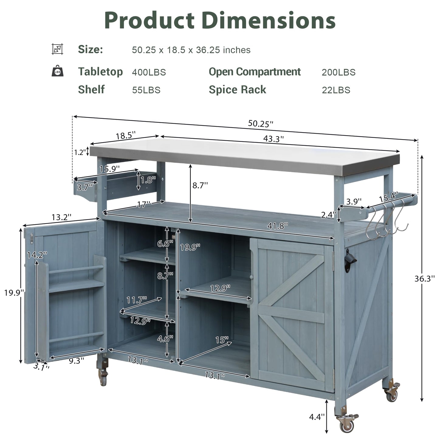 eodme Outdoor Cabinet for Patio Graden BBQ Grill Cart with Storage Cabinet, Home Rolling Kitchen Island Food Prep Table with Stainless Steel Top, Shelves, Spice Rack, Towel Rack(Grey Blue)