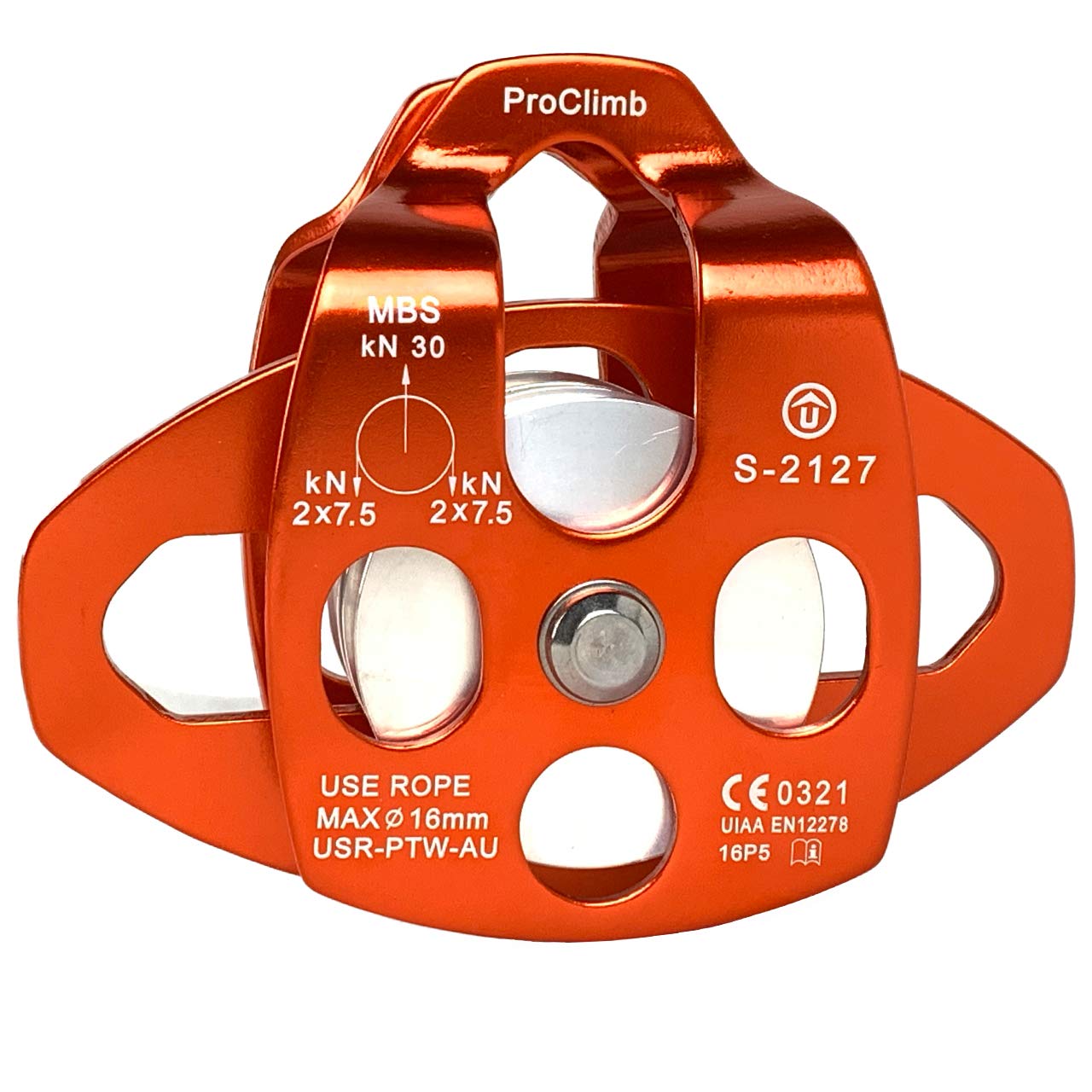 ProClimb 30kN Aluminum Rope Pulley with Swing Plate - CE/UIAA Certified, Double Sheave (Orange) - 5/8" Rope