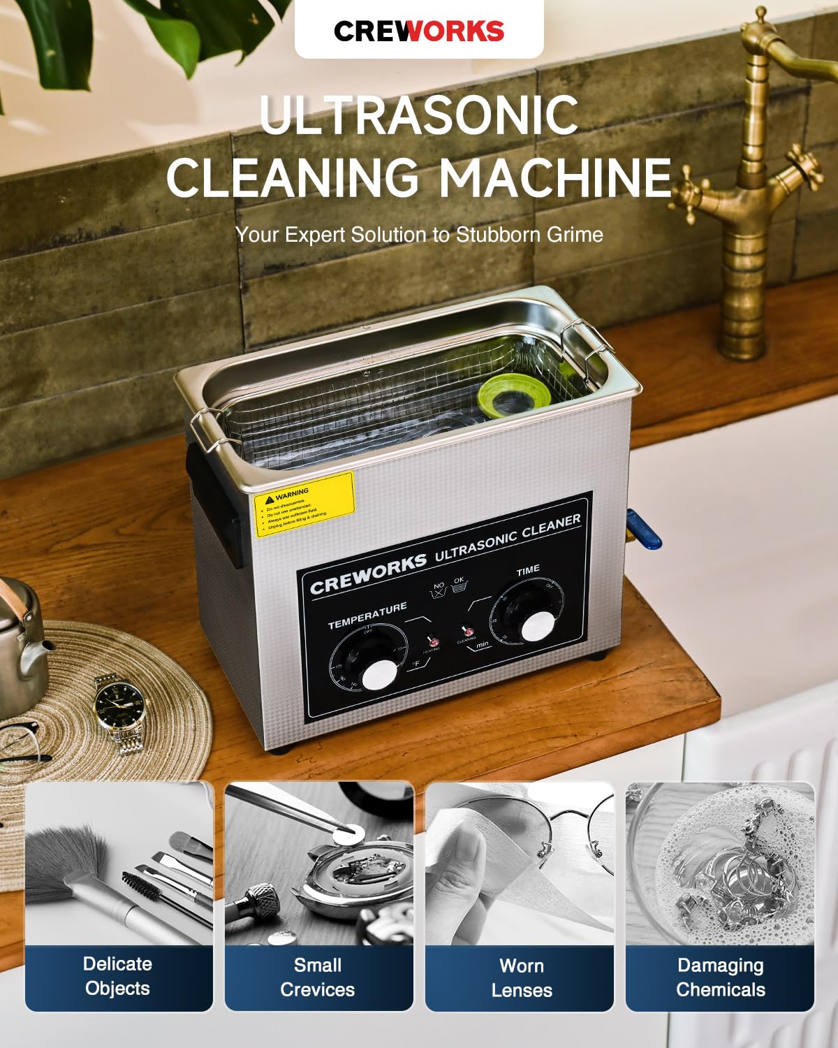 CREWORKS 6.5L Ultrasonic Cleaner with Knob, 1.7 gal 120W Professional Industrial Auto Cleaning Machine for Tools Watch Glasses Retainer Denture Parts, 40kHz Digital Heated Sonic Cavitation Cleaner