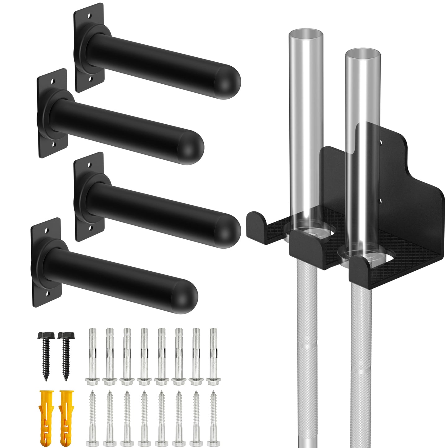 Rumoid 4 Pack Wall Mounted Weight Plate Holder and 1 Pack 2 Hooks Barbell Hanger, Weight Plate Holder for 2" Weight Plates, Vertical Barbell Holder With Protective Rubber Pad for Garage Home Gym