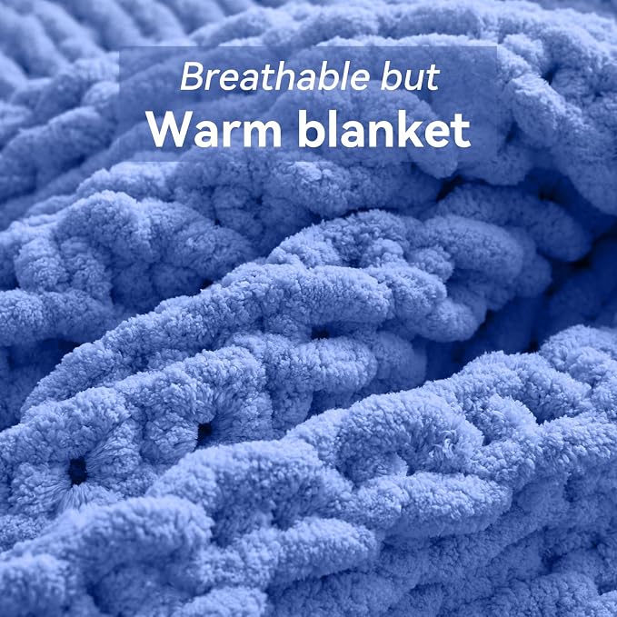 Negwoo Chunky Knit Throw Blanket, 50''*60'' Knitted Throw Chenille Yarn for Bed Couch, Handmade Light Blue Crochet Big Thick Blanket, Machine Washable Cute Comfy Blanket for Home Decor