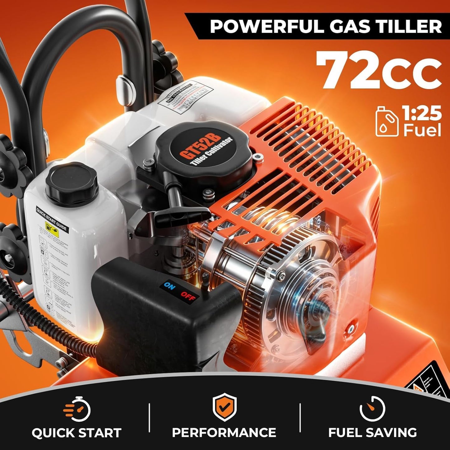 72CC 2-Stroke Gas Tiller Cultivator - 10" Working Width & 5" Depth, Heavy Duty Gasoline Powered Rototiller with 3-Gear Adjustable Handle, High-Speed Soil Cultivator for Lawn, Garden & Farm