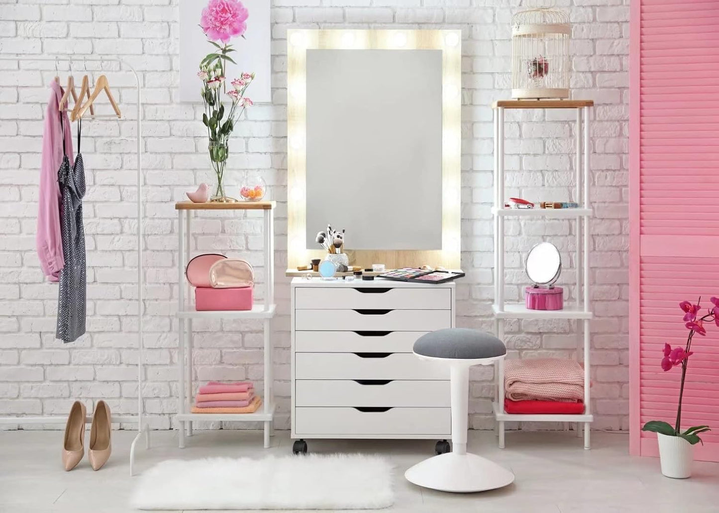 BELECO 7x5ft Fabric Pink Makeup Room Backdrop Makeup Backdrop for Photography Dressing Room Beauty Salon Dressing Table