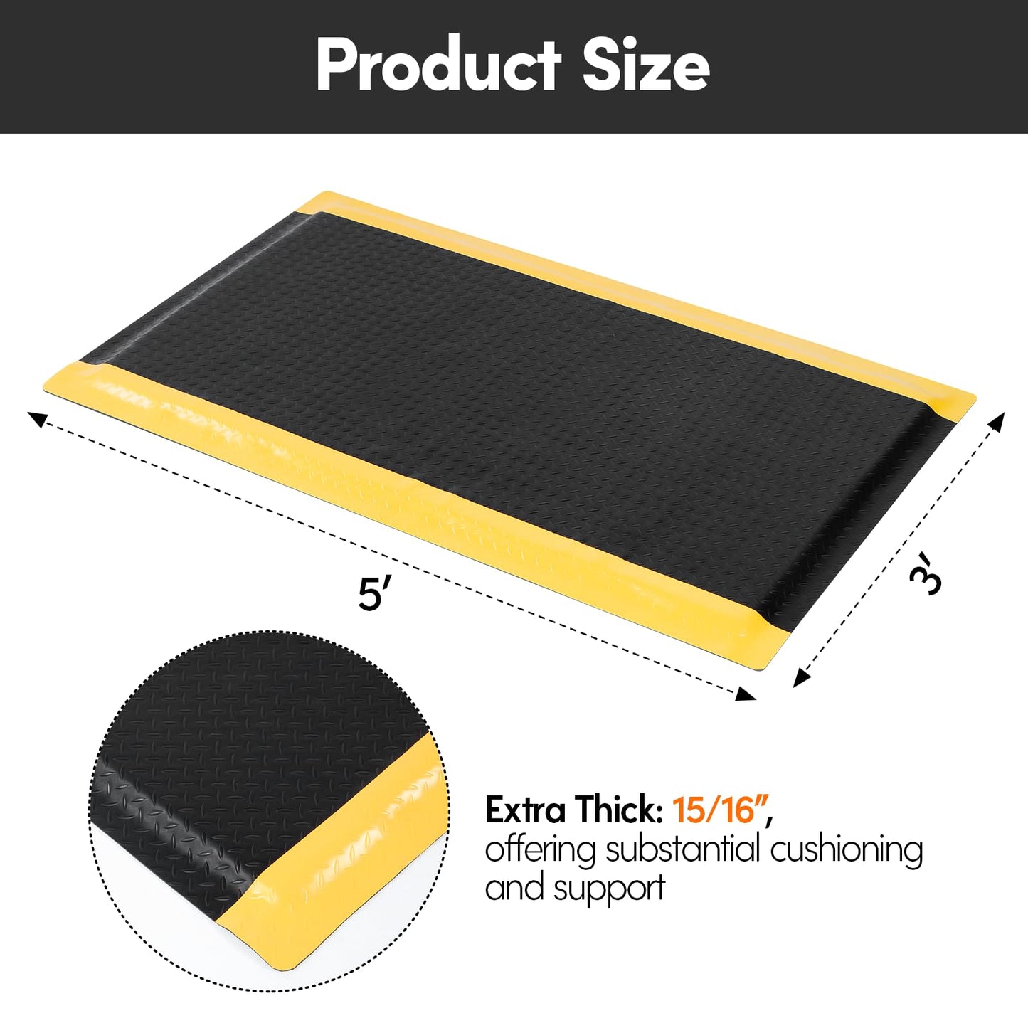 ISXACFF Anti Fatigue Mats Industrial 3' x 5' 15/16" Thick Ergonomic Standing Mat Commercial Kitchen Mat Heavy Duty Diamond Plate Shop Floor Mats Helps Relieve Back and Leg Soreness