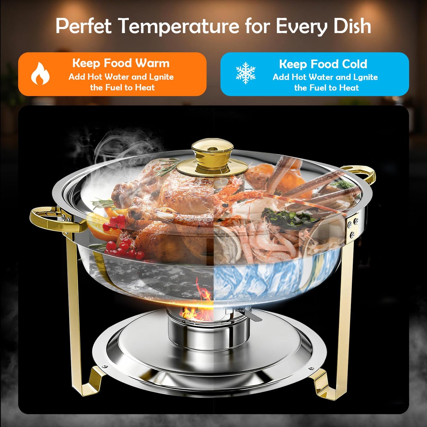 ALSO GO Round Chafing Dishes for Buffet with 4 Serving Tongs, 4 Pack 6QT Chafing Dishes Buffet Set, Golden Stainless Steel Catering Food Warmer for for Party, Gathering,Wedding