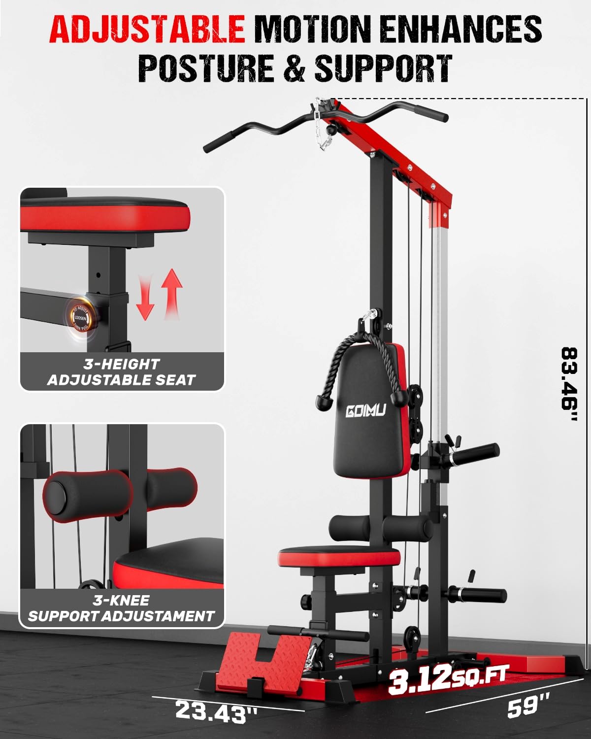 GOIMU LAT Pulldown Machines, LAT Row Cable Machine, LAT Tower with Additional Pulley Cable, High & Low Pulley Stations(Red)