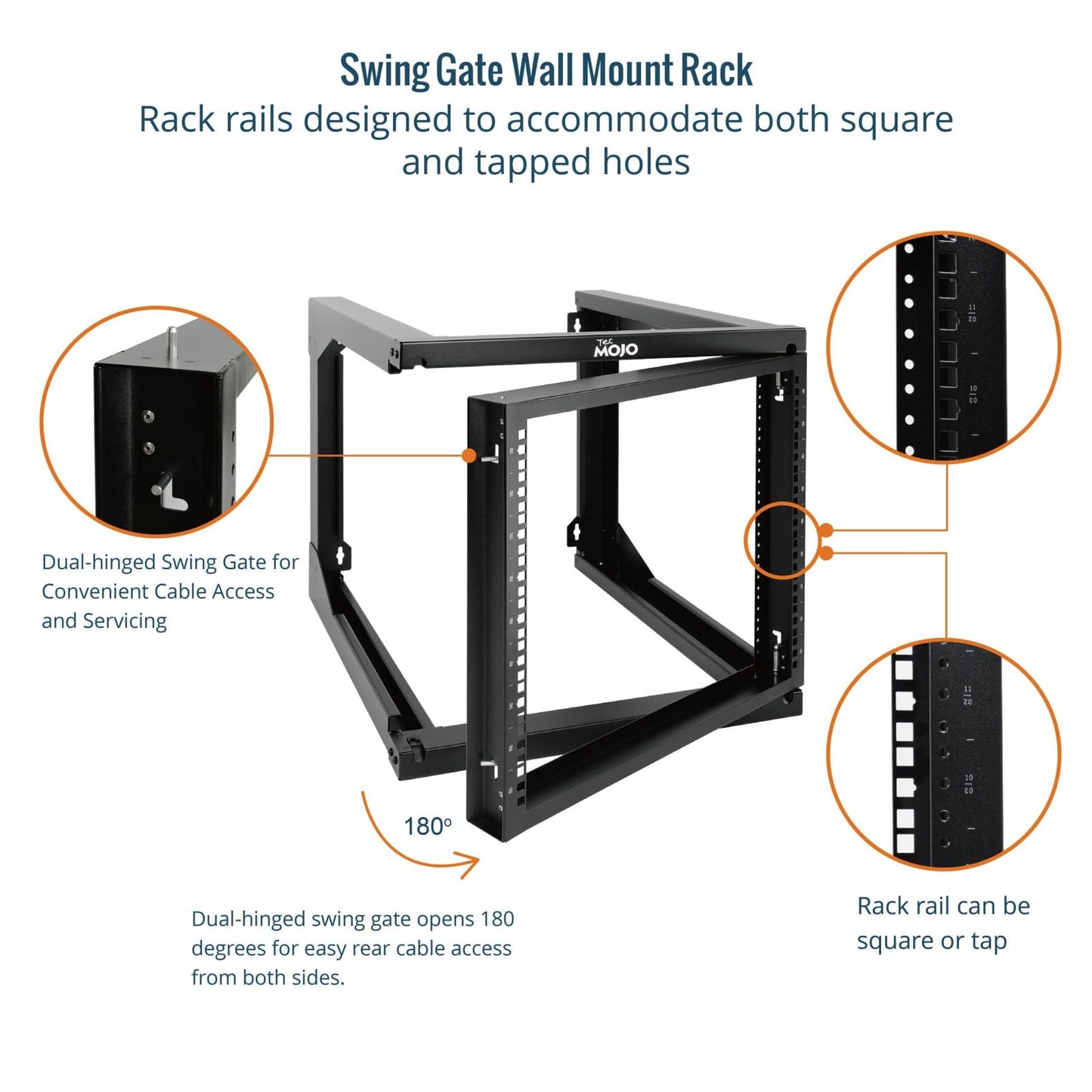Tecmojo 9U Rack Wall Mount with Swing Gate, 9U Server Rack for 19inch Computer/AV/Data/IT/Media Equipment, Open Frame Server Rack with 24inch Depth, Square&Tapped Holes