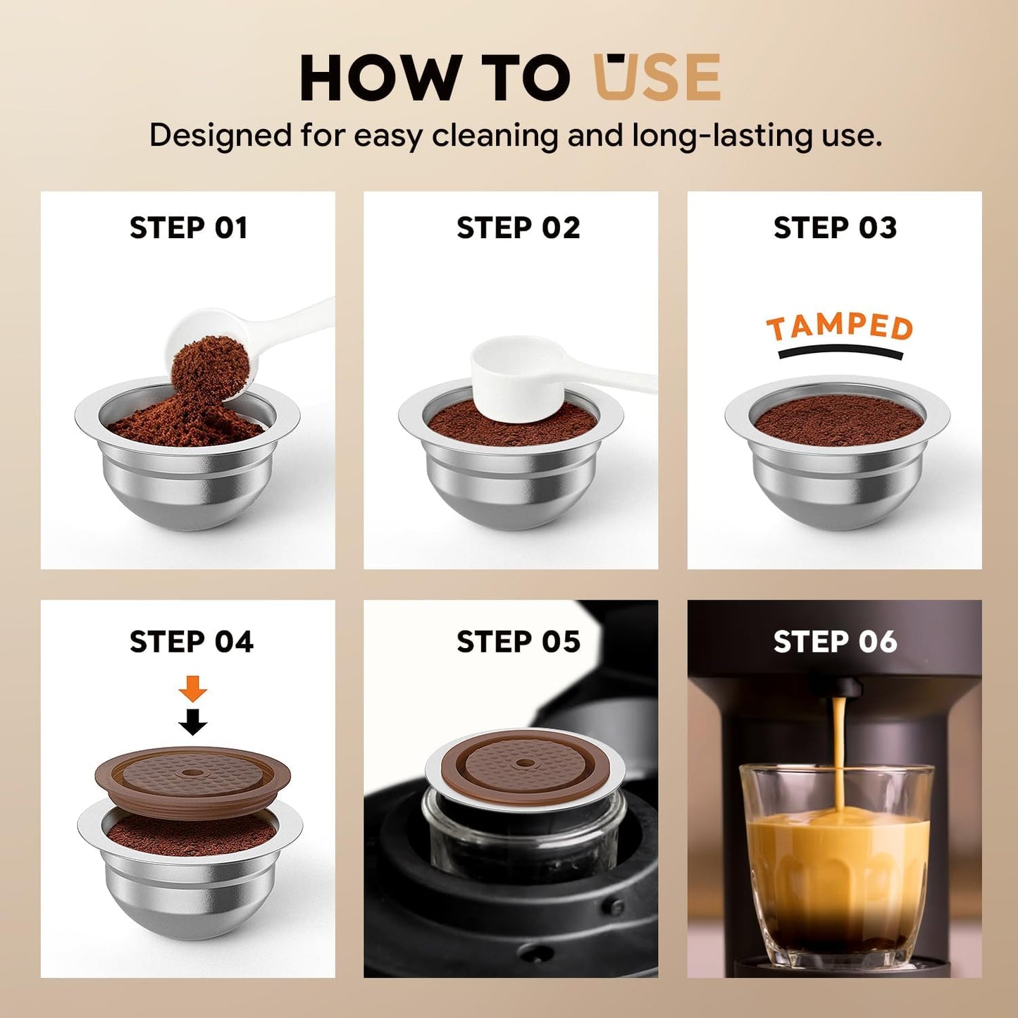 Skiennix Stainless Steel Reusable Coffee Pods - Compatible with Nespresso Vertuo | 4 Barcode Stickers & Silicone Lid (230ML)