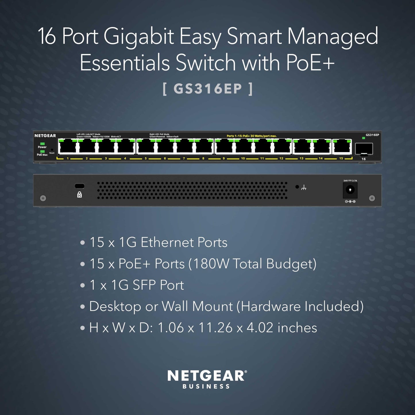 NETGEAR 16-Port PoE Gigabit Ethernet Easy Smart Essentials Switch (GS316EP) - Managed, with 15 x PoE+ @ 180W, 1 x 1G SFP Port, Desktop or Wall Mount