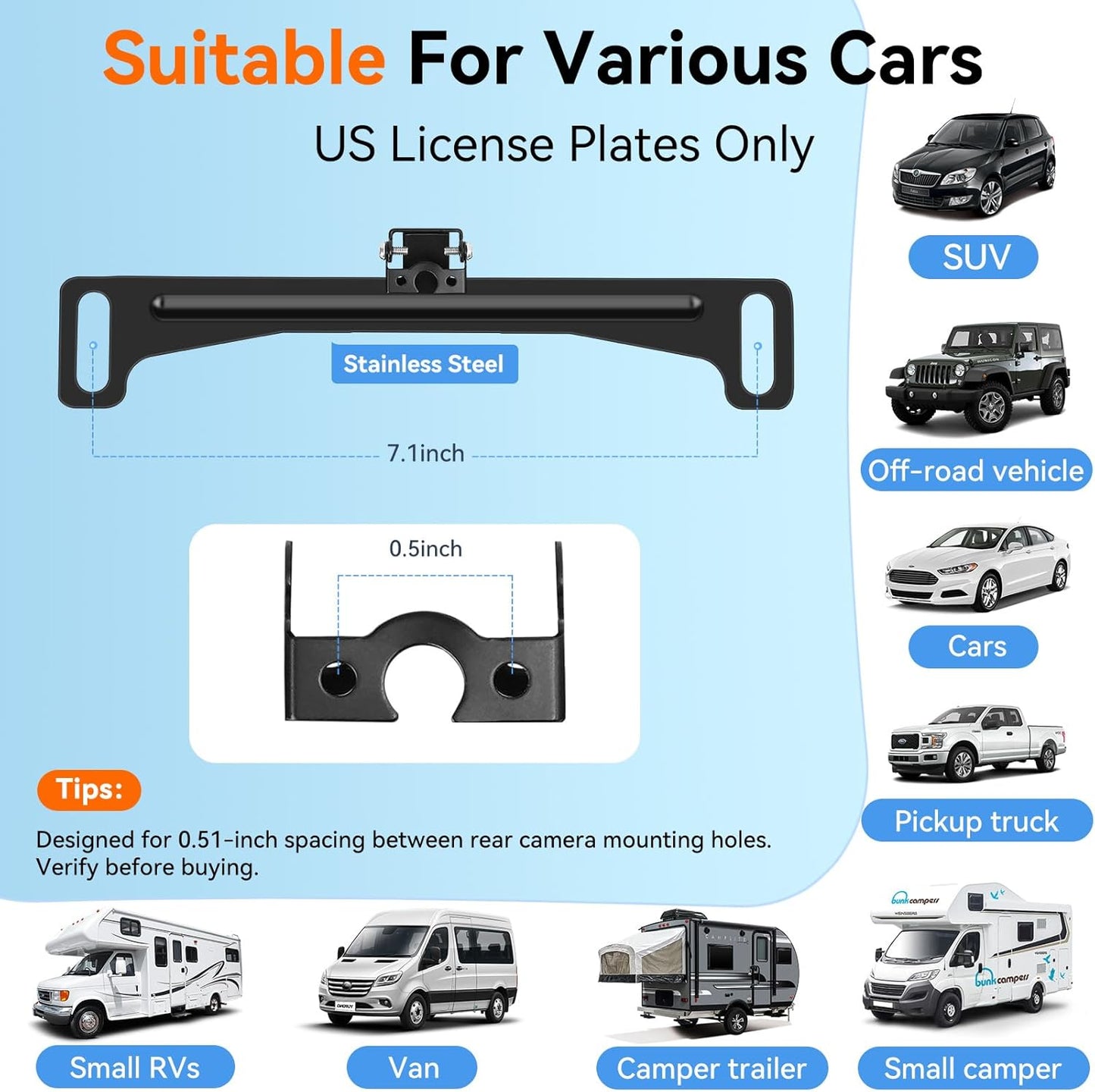 Fnysmkv Universal Rear View Camera License Plate Bracket, Upgraded Anti-Rust Paint Full Stainless Steel Backup Camera