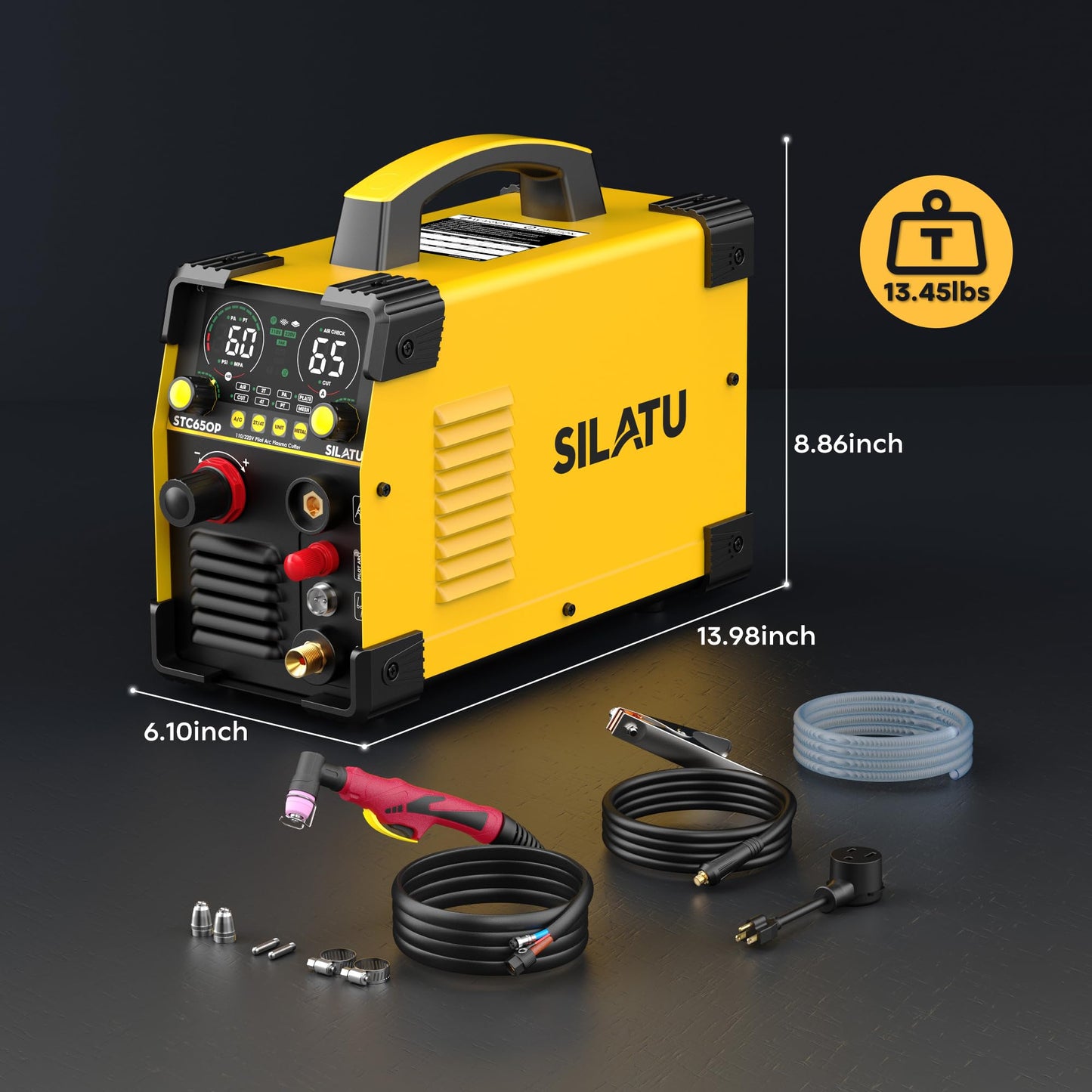 SILATU 65Amps Plasma Cutter, STC650P HF Non-Touch Pilot Arc Plasma Cutter Machine, 110/220V Dual Voltage Air Sensor Technology Large LED Display, 20mm Max Cutting thickness, PT/2T/4T for Beginners DIY