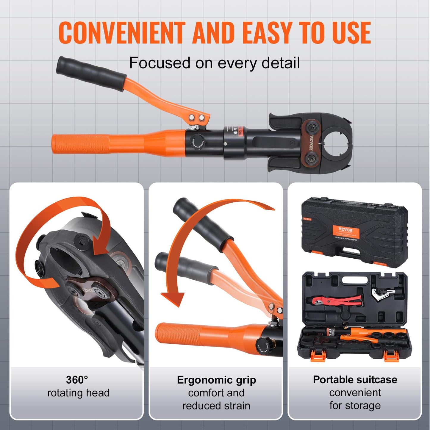 VEVOR Copper Pipe Crimping Tool, Hydraulic Driven Press Tool with 1/2", 3/4", 1" VUS Jaws, Copper Tube Fittings Pipe Crimpers for Narrow Spaces and Tee Fittings
