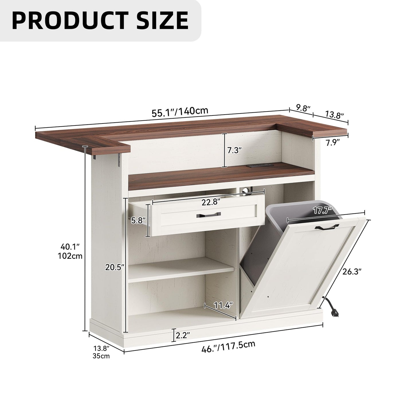 Homiflex Kitchen Island with Seating, Rolling Kitchen Islands with Storage, 55" W Large Island Table, Breakfast Bar Counter with Drop Leaf, Trash Can Cabinet, Power Outlet for Dining Room, Walnut