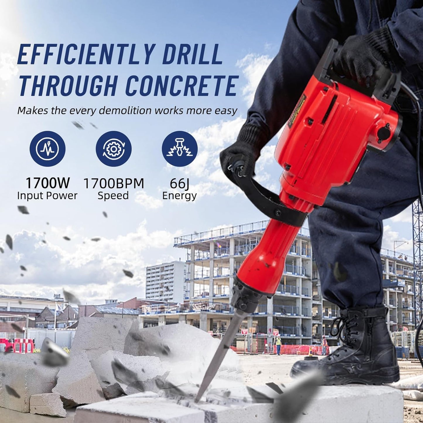 1700W Heavy Duty Electric Jack Hammer,Demolition Power Tool Kit With 3 Chisel Bits,Carrying Case & Safety Gloves for Concrete,Brick and Masonry, 3-Piece Set