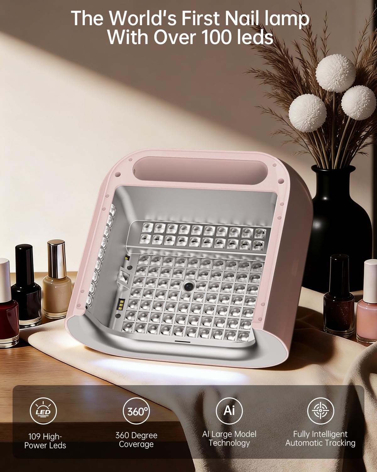 AI UV LED Nail Lamp for Gel Nails-ONAIL Professional Smart Nail Dryer with AI Nail Detection, Pain-Free Fast Curing 109 LEDs Skin-Safe UV Light, Salon Nail Lamp for Nail Gel Pink(Battery Not Included)
