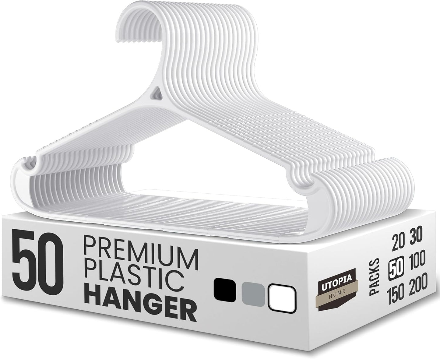 Utopia Home Plastic Hangers - Heavy Duty Non-Slip Hangers for Shirts & Pants | 50 Pack in White