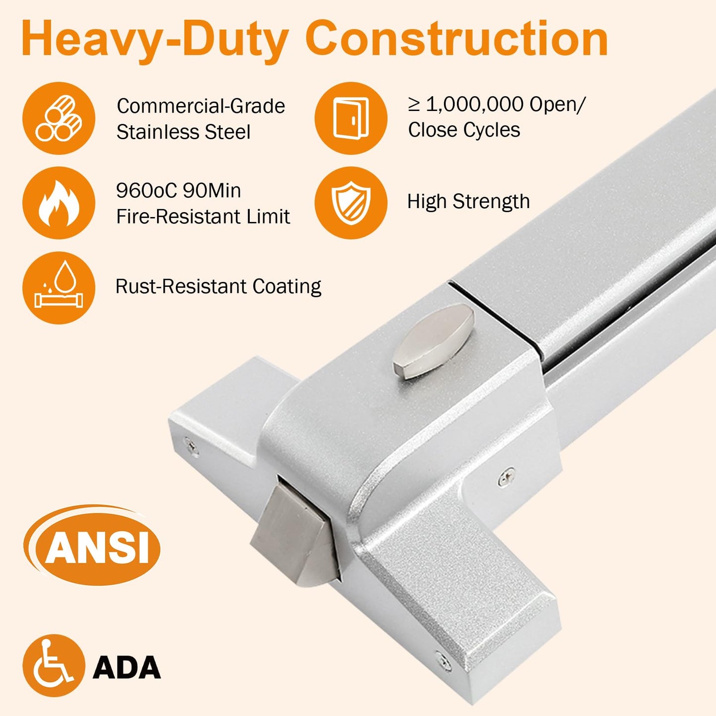 BEAMNOVA 27.5 in Commercial Door Push Bar Panic Exit Device with Exterior Lever Lock Key Roller Strike Plate End Cap Universal Emergency Hardware, for 27.5 to 41 inches Wide Door, Metallic