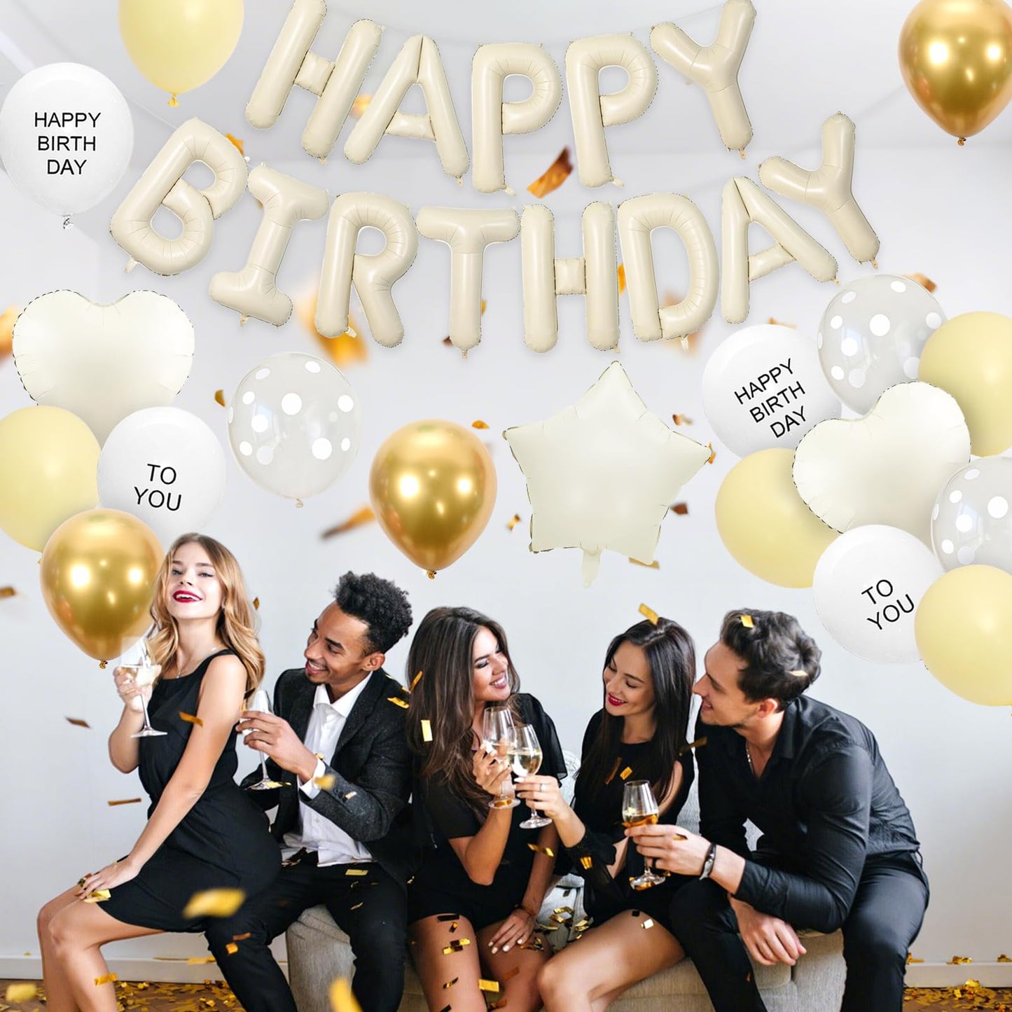 Pastel Yellow Birthday Decorations,Happy Birthday Banner with Heart Star Foil Balloons,Macaron Yellow Gold Sand White Clear Printed Balloons for Men Women Birthday Party Decor