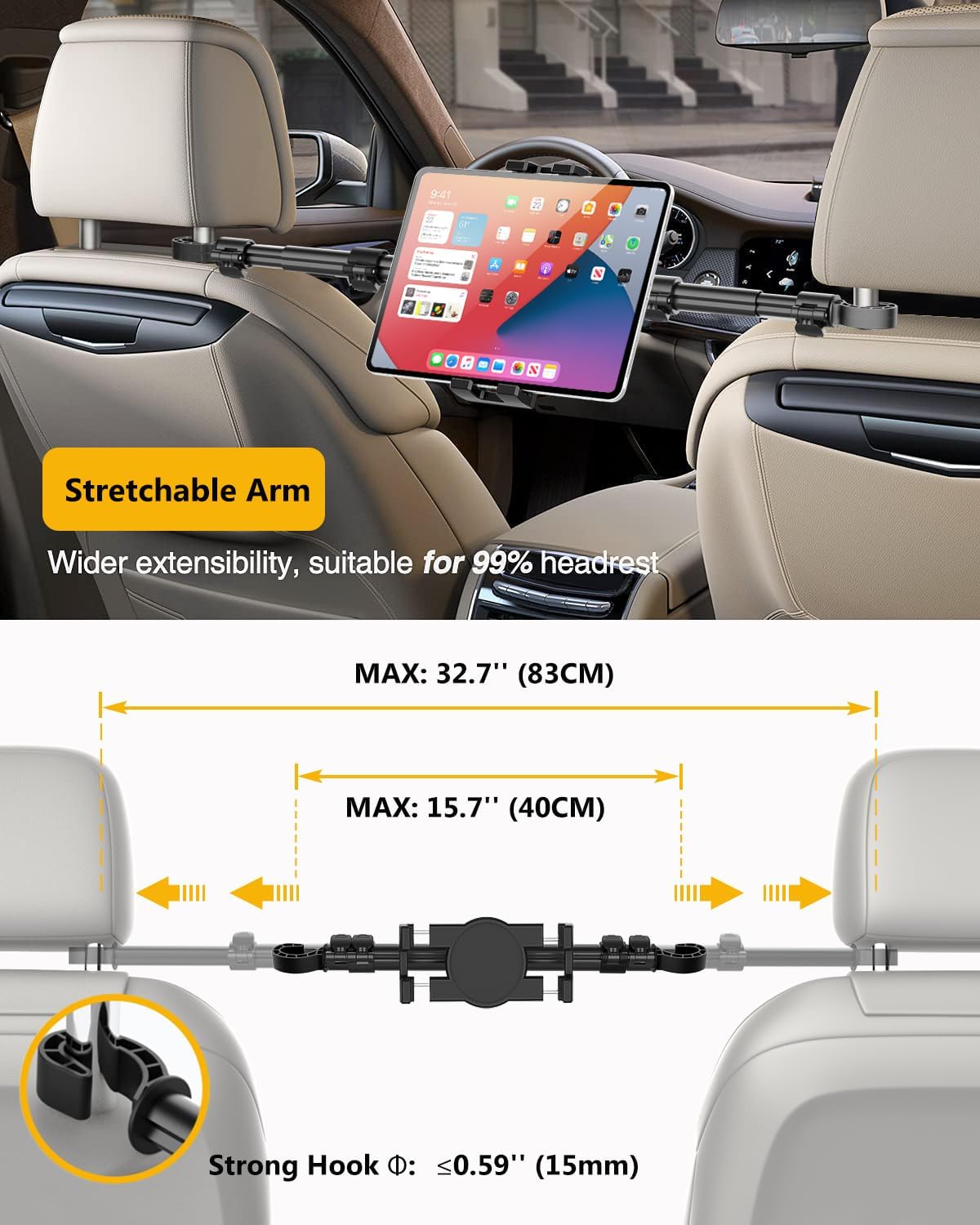 YOOZ 4-13" Car Headrest Tablet Holder, Car Back Seat iPad Mount Kids [Stretchable & Ultra-Stable] Between Seats Tablet