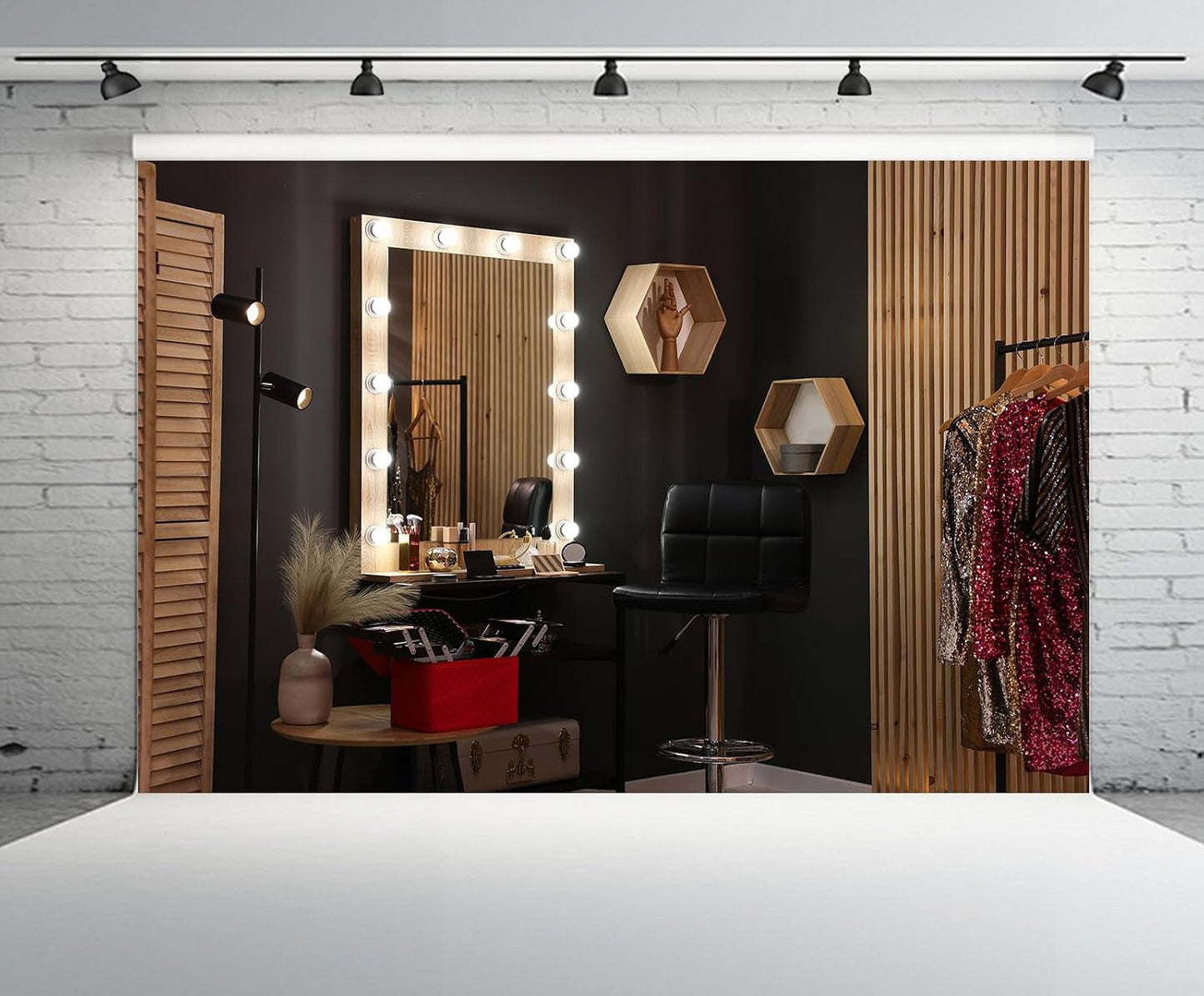 CHNYWORK 7ftx5ft Makeup Room Backdrop Stylish Dressing Table with Large Mirror Black Wall Background Professional Salon