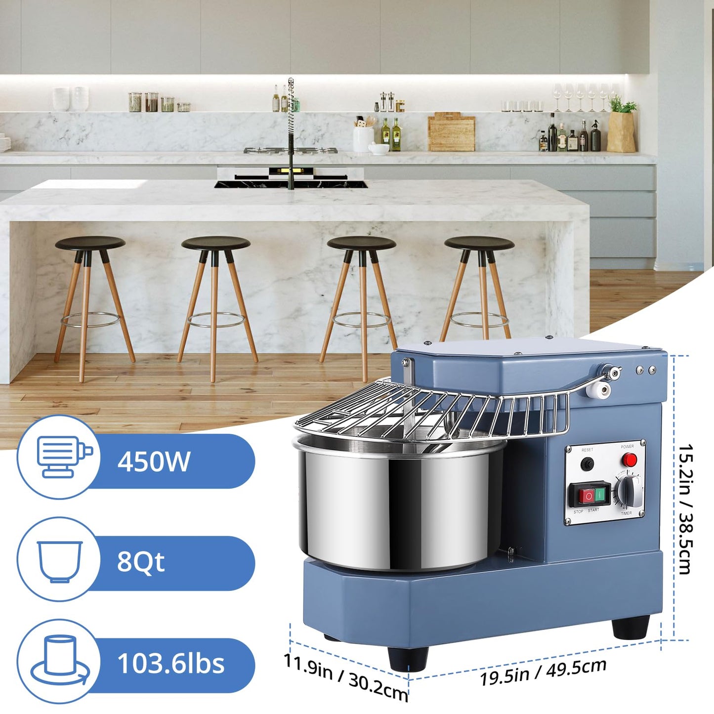 Commercial Dough Mixer, Garvee 8 QT Food Mixer 450W Dual Rotating Dough Kneading Machine with Stainless Steel Bowl, Stand Mixer with Safety Shield, 110V for Restaurant, Bakeries, Pizzeria