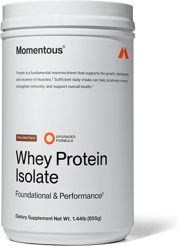 Momentous Essential Grass-Fed Whey Protein Powder - 20 g Whey Isolate Protein - NSF Certified for Sport - Gluten-Free - 24 Servings for Everyday Use - Chocolate - Package May Vary