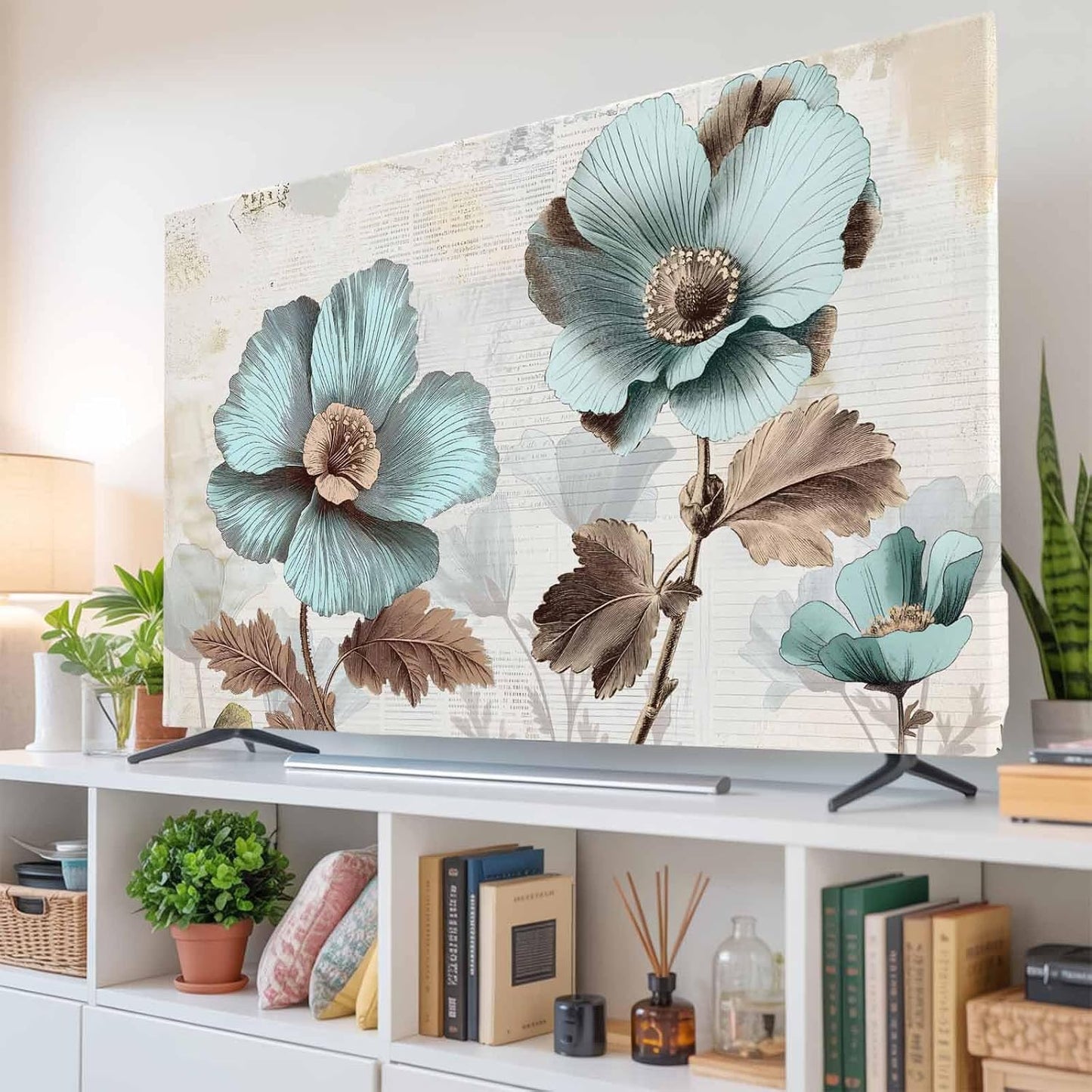 Yukro 85 Inch, 74"x42" Blue Broccoli Indoor TV Dust Cover, Vintage Flower Victorian Style Elastic TV Dustproof Cover