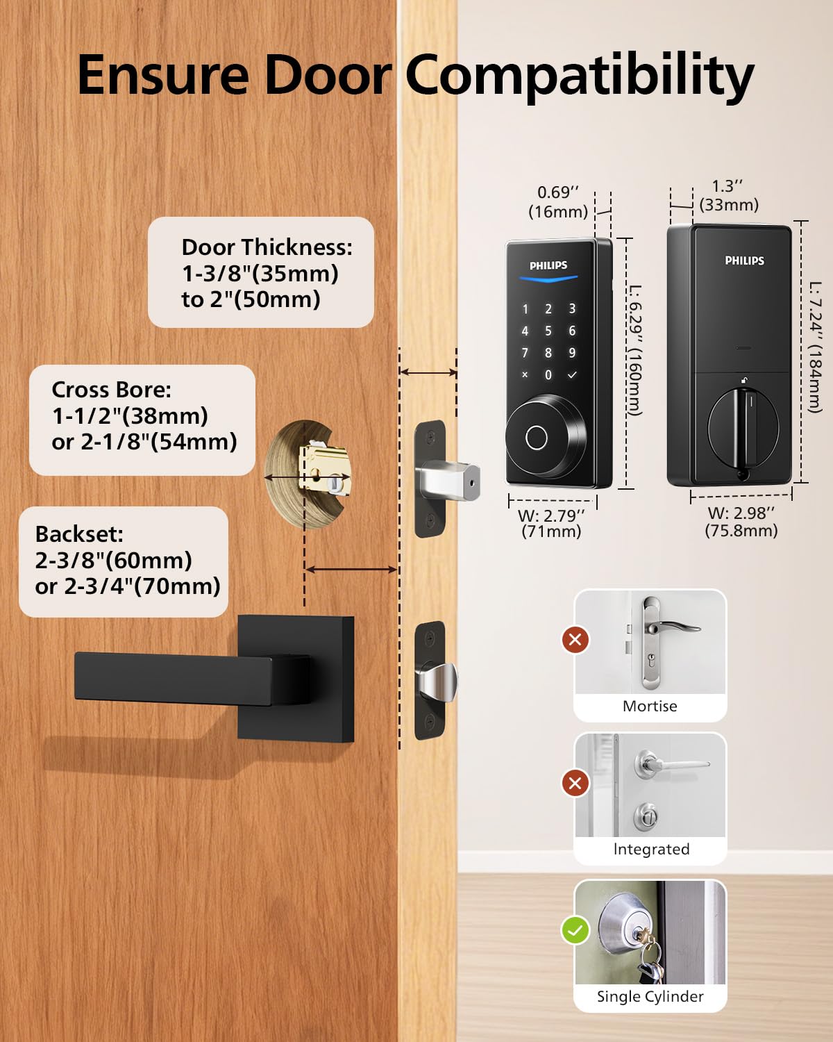 Philips Built-in WiFi Smart Lock, Keyless Entry Door Lock with App, Touchscreen, Fingerprint Door Lock — Compatible with Alexa & Google, Splash-Proof Design, Includes 8 Batteries, Black