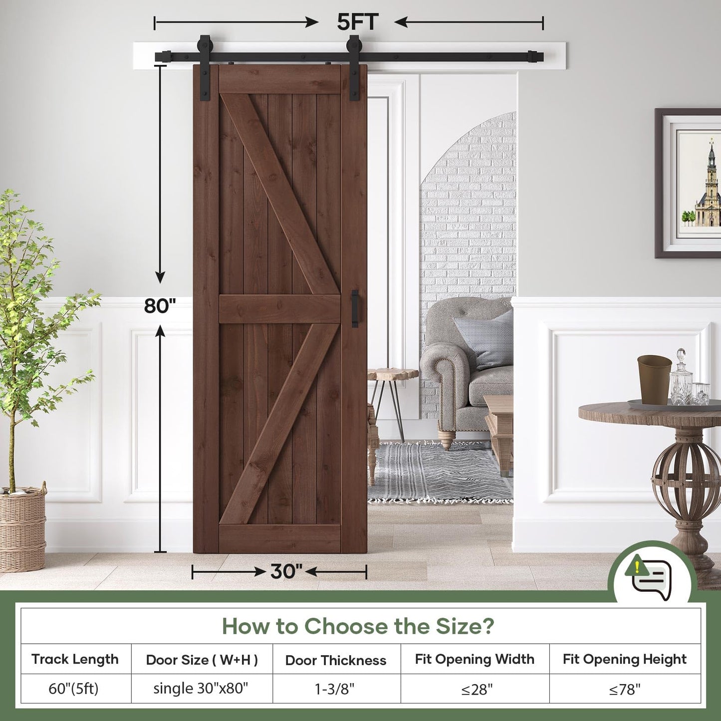 ROYMELO 30x80 inch Sliding Barn Wood Door Slab with 5ft Hardware Kit and Handle, Coffee, K Shape, Simple DIY Assembly