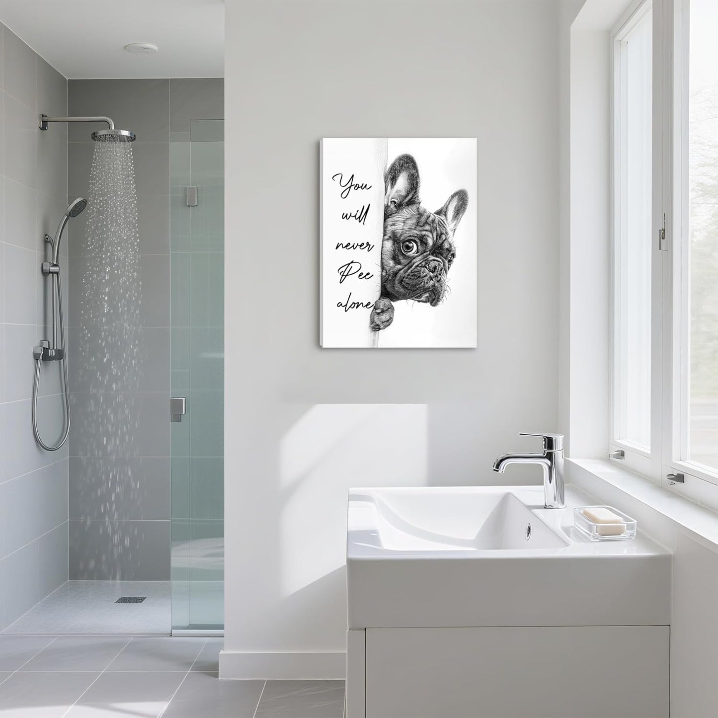 Ovczax Black And White Bathroom Canvas Wall Art - Funny French Bulldog Sign | 16" x 12" Home Decor