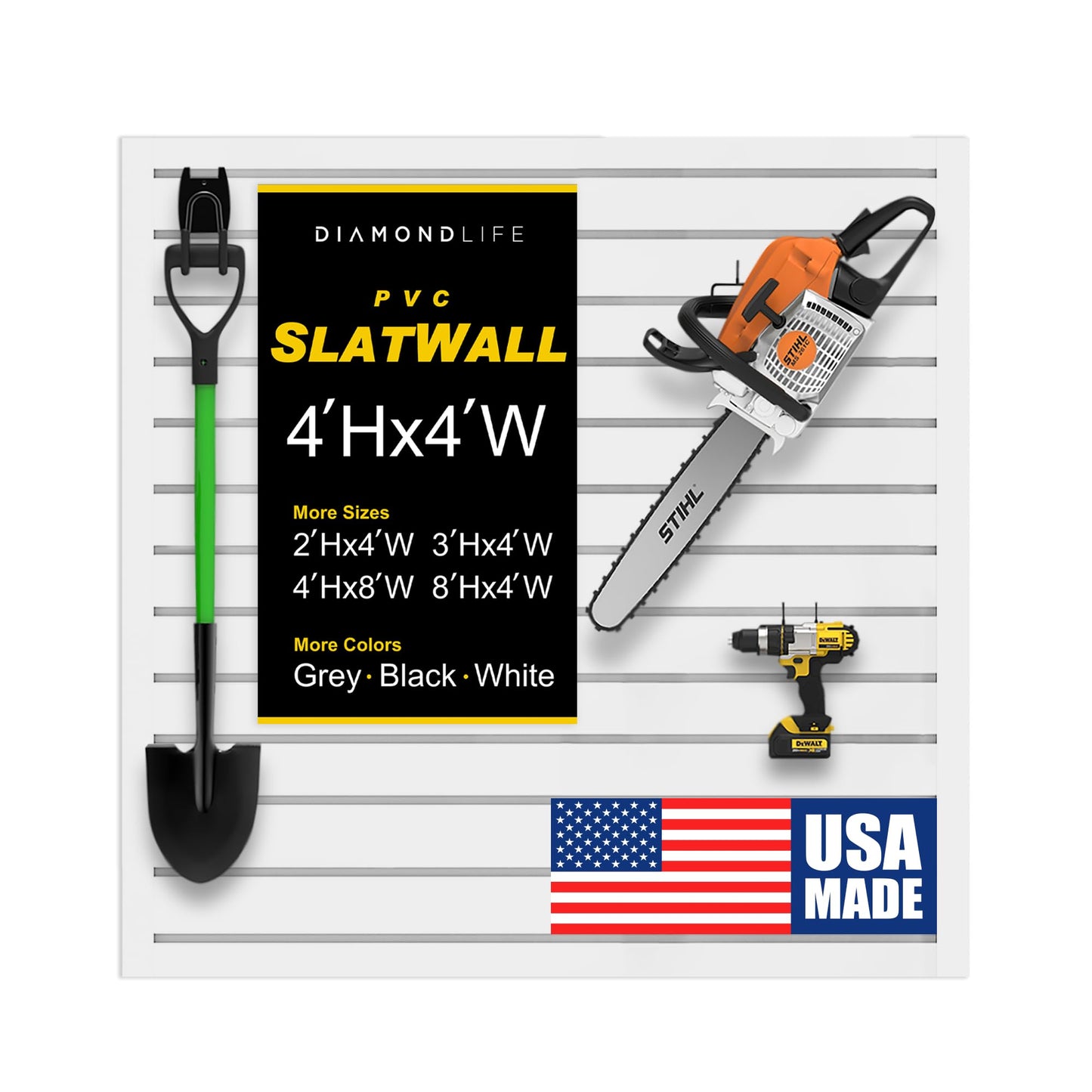 Heavy Duty 4x4 PVC Garage SlatWall Storage System (with Endcaps & Screws) - Modular Slat Wall Paneling for Garage Wall Organizer - Interlocking SlatWall Panels for Home & Commercial Use (White)