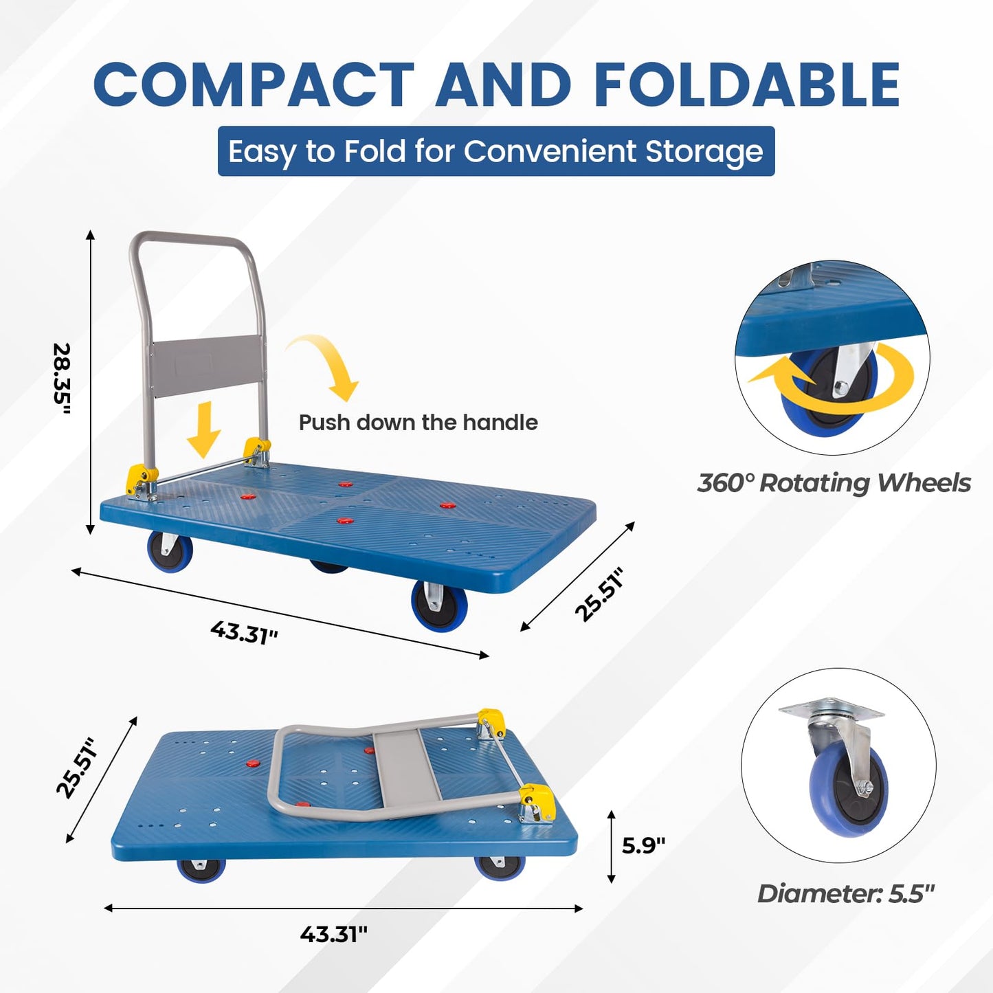 DEGEDUN Foldable Push Cart Dolly 1320 lbs,Moving Platform Hand Truck Blue,with 360° Swivel Wheels, for Home Garage Workshops, Loading, Storage, Warehouse