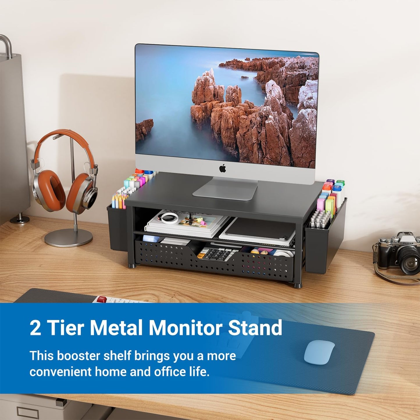 Monitor Stand Riser, Laptop Stand for Desk, Office Desk Organizer and Accessories, Computer Desktop Shelf with Drawer