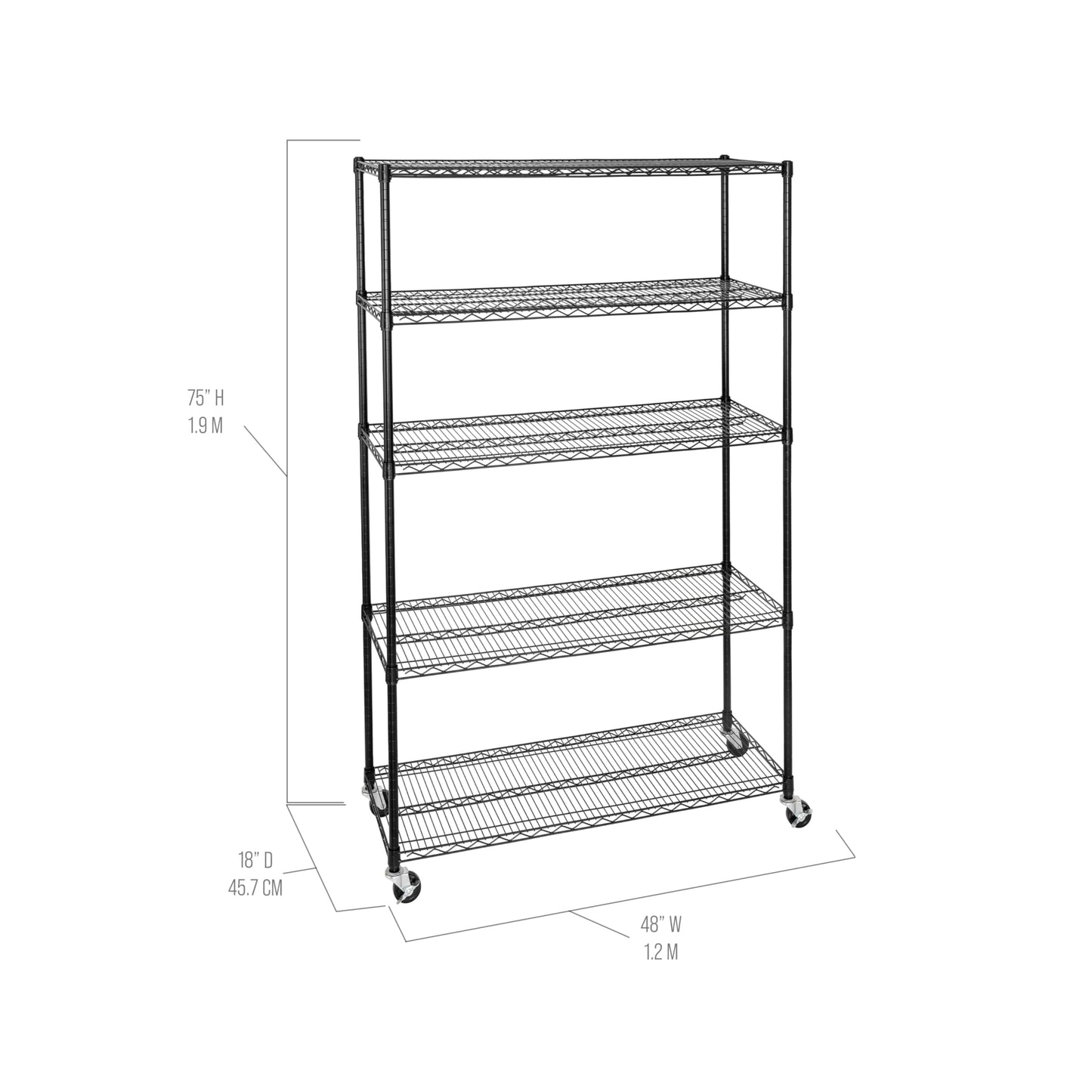 Seville Classics UltraDurable Heavy Duty NSF Solid Steel Wire Rack Storage Unit, Organizer for Garage, Warehouse, Office, Restaurant, Classroom, Kitchen, Black, 5-Tier Shelving, 48" W x 18" D