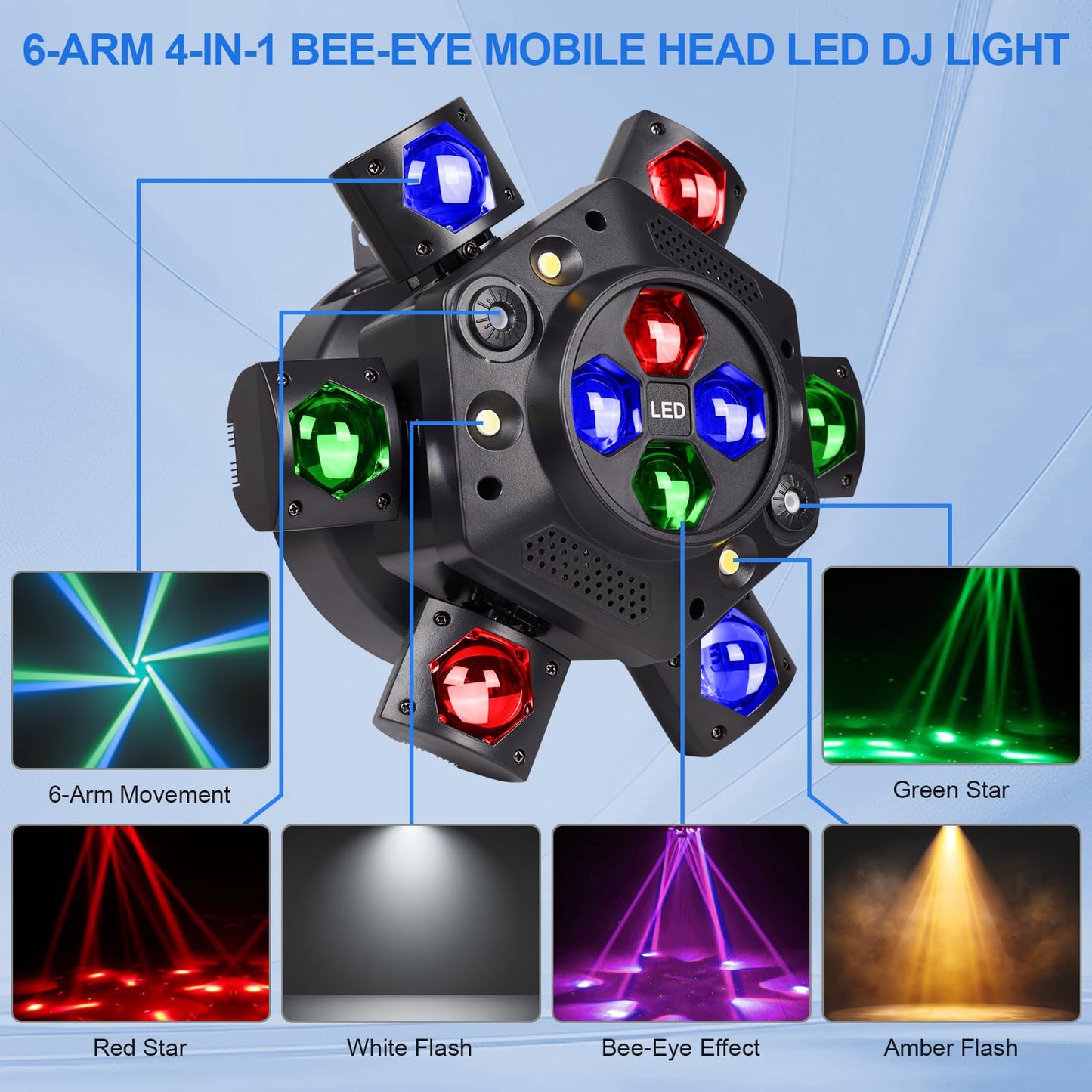 Moving Head DJ Lights, 150W RGBW LED Moving Head Lights, 6 Arms Party Light, 4 in 1 Bee-Eyes Effect Light, Red Green Starry, White & Amber Strobe, Support DMX-512 & Remote for Party Bar Disco Club DJ
