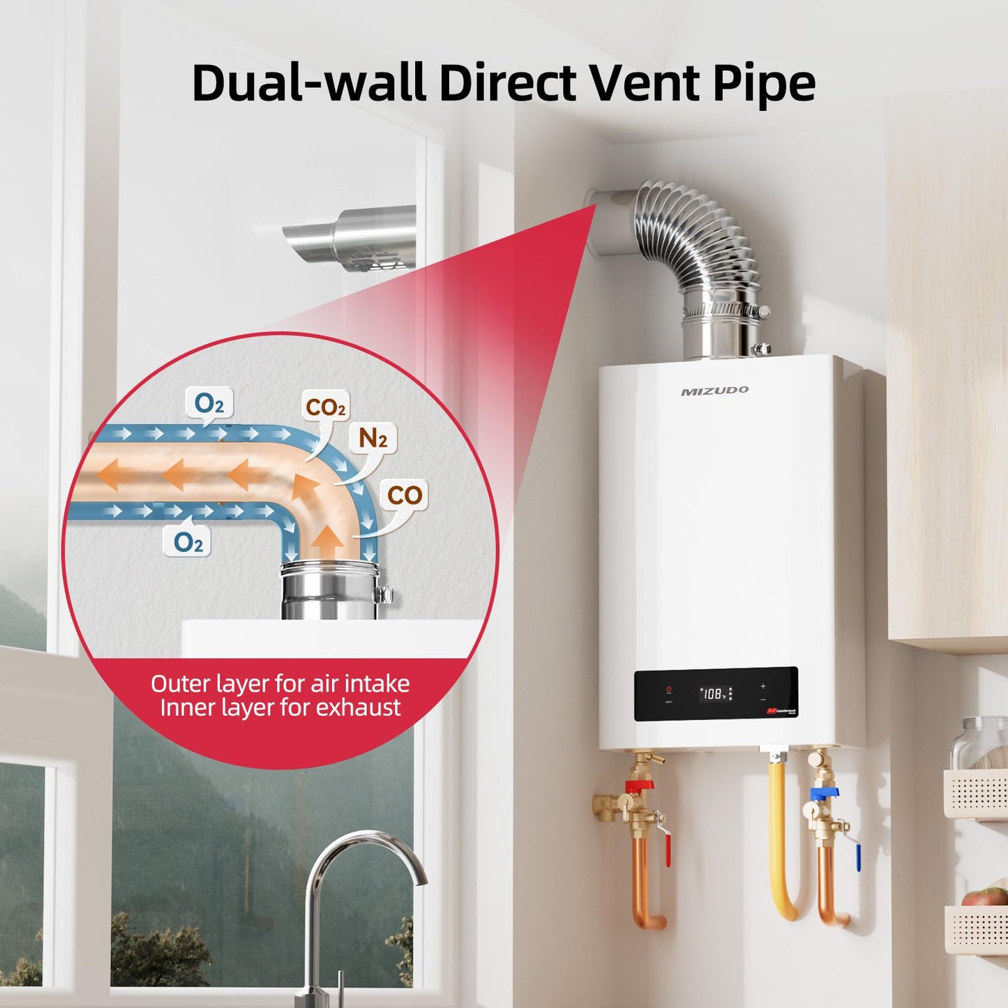 3"x5" Direct Vent Kit for Tankless Water Heaters, 23" Pipe, 87° Elbow, Trim Collar, 304 Stainless Steel