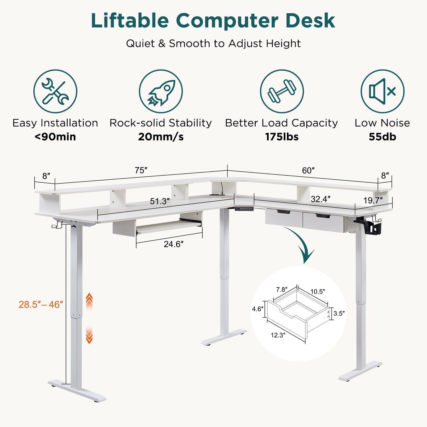 RedLemon 75X60 Inches L Shaped Electric Standing Desk, Height Adjustable Corner Gaming Desk with Drawers, Keyboard Tray, Power Outlets & LED Lights, Computer Desk with Monitor Shelf, Antique White